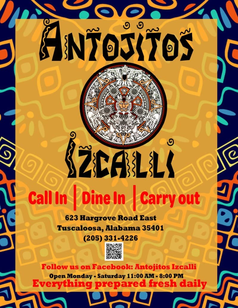 First page of Antojitos Izcalli menu with logo and address.