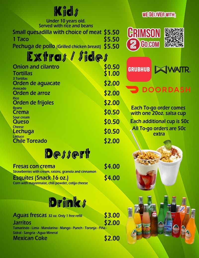 Fourth page of Antojitos Izcalli menu with Kids, Extra, Dessert, and Drink options.